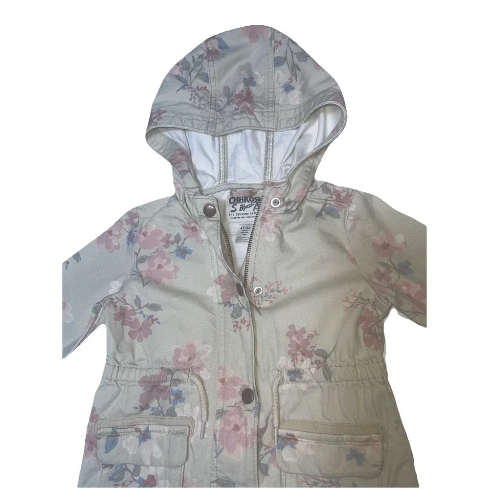 Girl 4T Oshkosh B'gosh Denim Jacket Beige Pink Blue Floral drawstring Waist